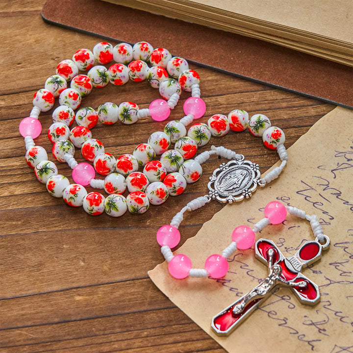 Rosario con perline rotonde a forma di fiore da 8 mm Christianartworkshop , medaglia miracolosa e crocifisso in smalto rosso - image 2