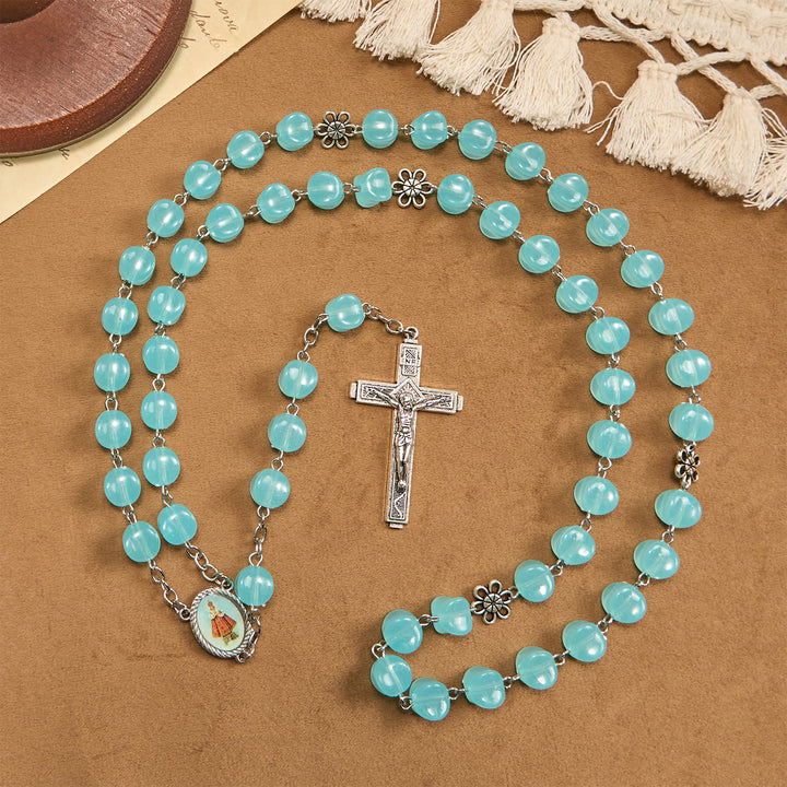 Rosario con perline cubiche blu in lega rosa Christianartworkshop con icona della Madonna e crocifisso - Crocifisso e Rosa - image 0