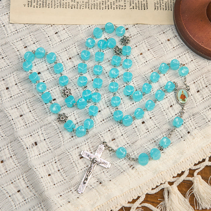 Rosario con perline cubiche blu in lega rosa Christianartworkshop con icona della Madonna e crocifisso - image 6