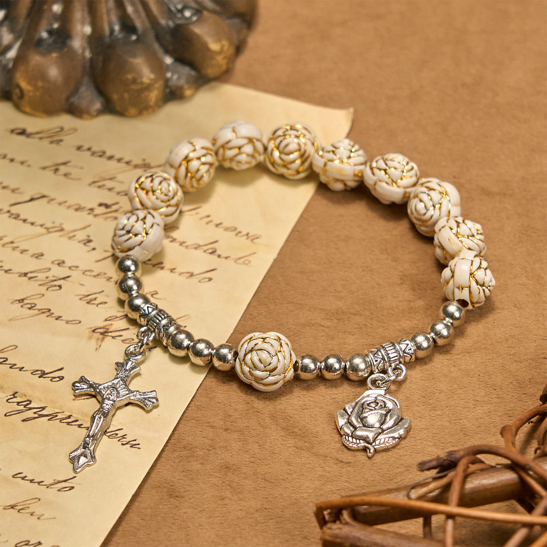 Bracciale rosario con perline di rosa bianca da 10 mm scolpite artisticamente Christianartworkshop con crocifisso - Rosa - image 0