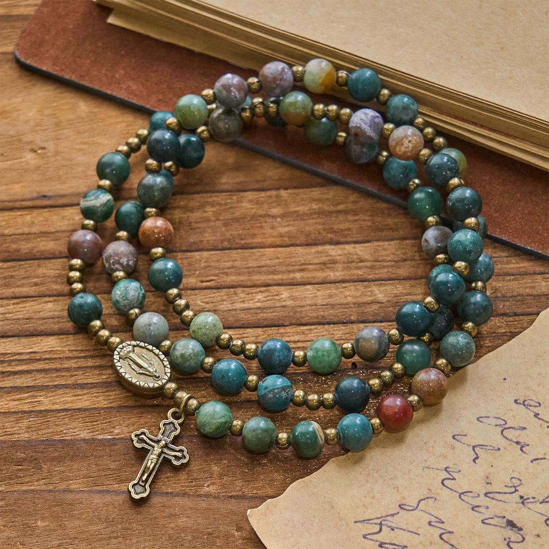 Christianartworkshop Perline rotonde multicolori nei toni della terra con medaglia miracolosa in bronzo e rosario con crocifisso e braccialetto - image 1