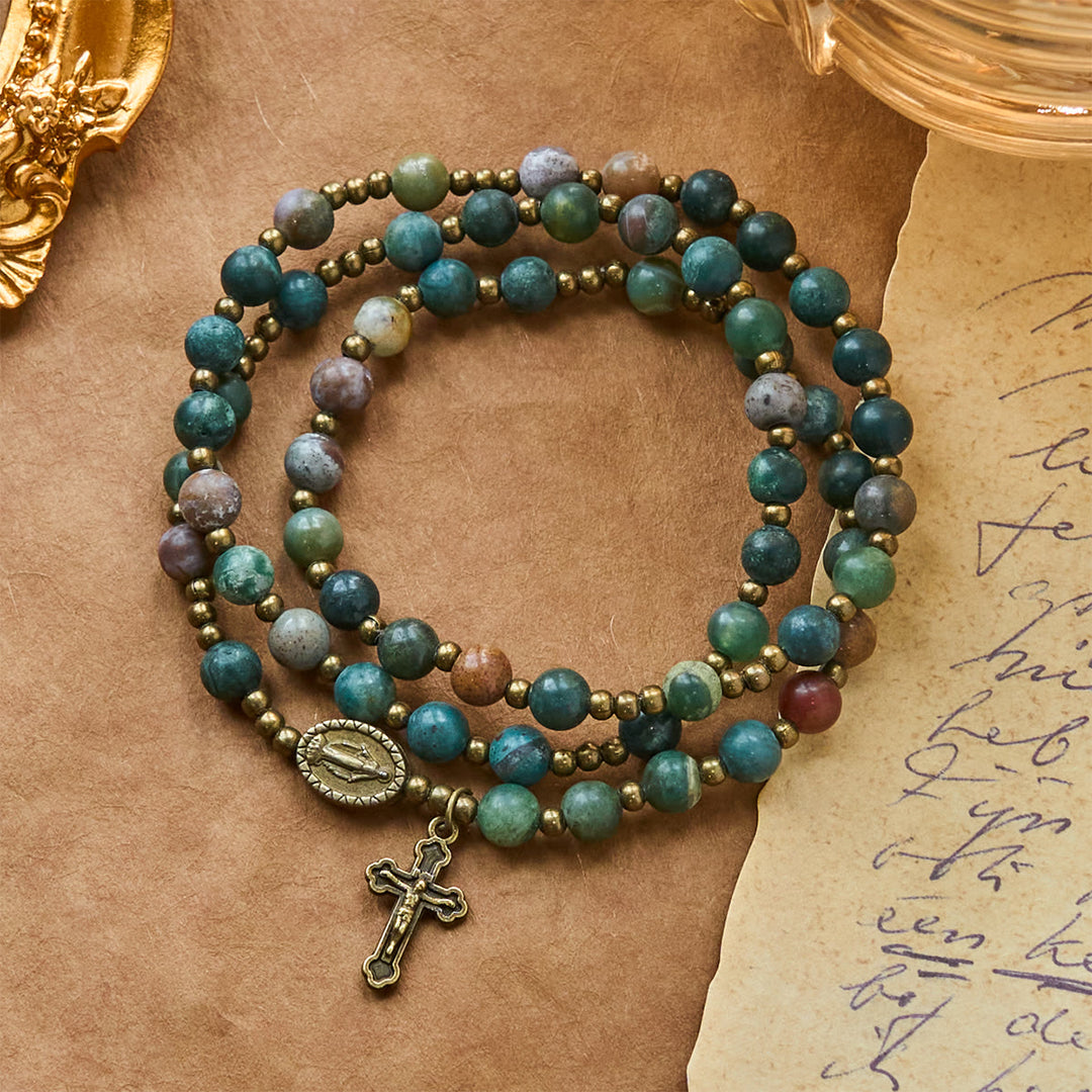 Christianartworkshop Perline rotonde multicolori nei toni della terra con medaglia miracolosa in bronzo e rosario con crocifisso e braccialetto - image 4
