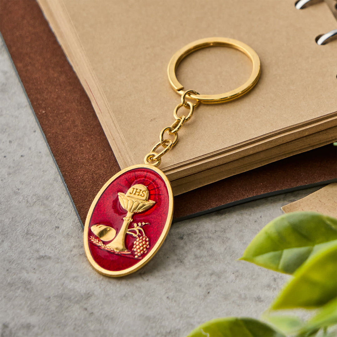 Portachiavi con medaglia del calice del Santo Graal rosso e blu Christianartworkshop : simbolo religioso ispirato - image 5
