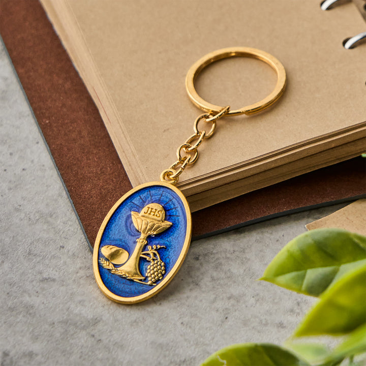 Portachiavi con medaglia del calice del Santo Graal rosso e blu Christianartworkshop : simbolo religioso ispirato - image 4