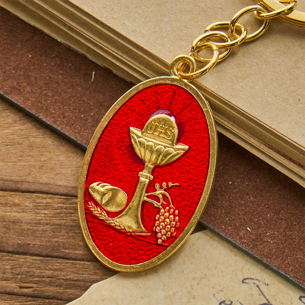 Portachiavi con medaglia del calice del Santo Graal rosso e blu Christianartworkshop : simbolo religioso ispirato - Rosso - image 1
