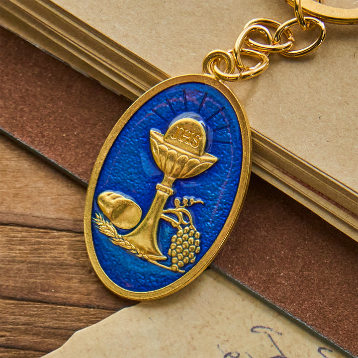 Portachiavi con medaglia del calice del Santo Graal rosso e blu Christianartworkshop : simbolo religioso ispirato - Blu - image 0