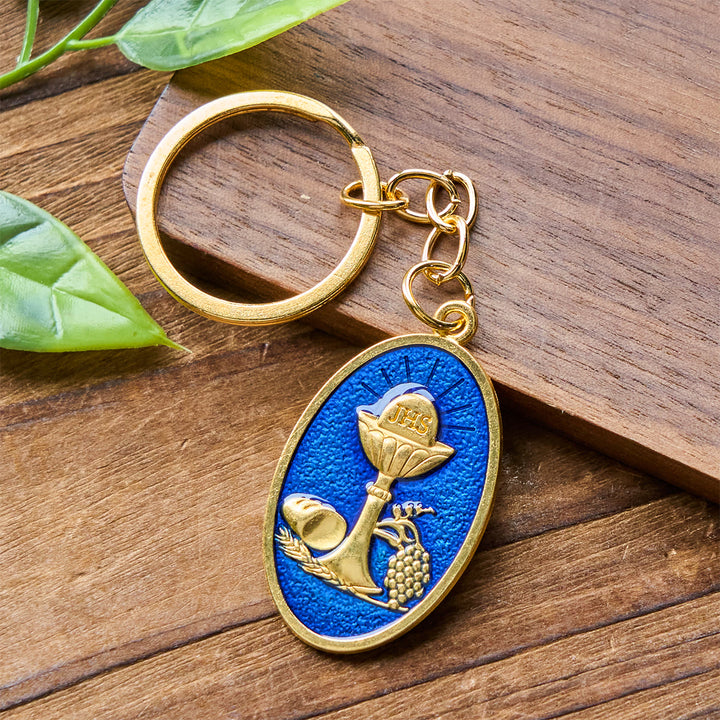 Portachiavi con medaglia del calice del Santo Graal rosso e blu Christianartworkshop : simbolo religioso ispirato - image 2