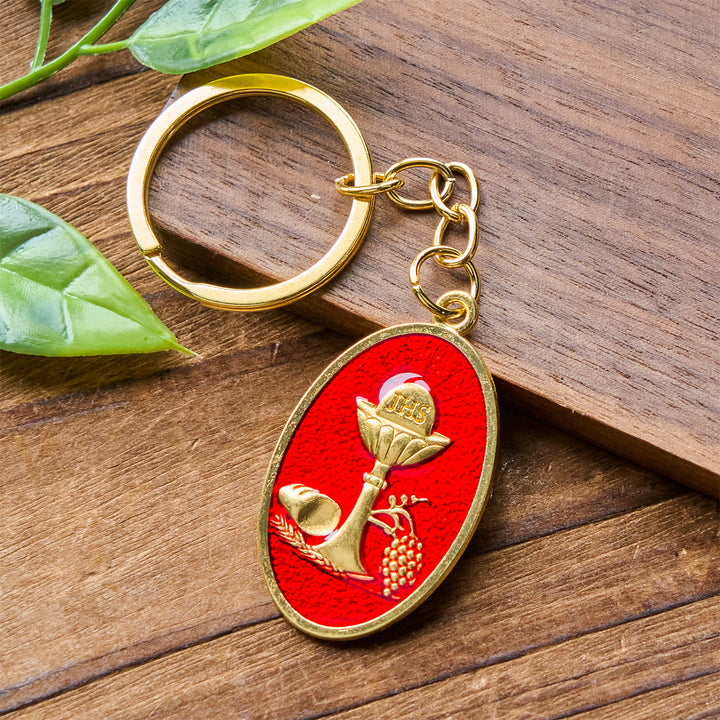 Portachiavi con medaglia del calice del Santo Graal rosso e blu Christianartworkshop : simbolo religioso ispirato - image 3