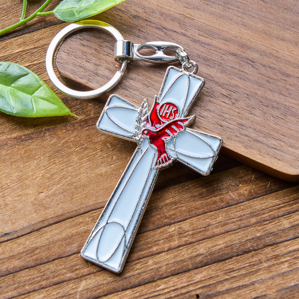 Christianartworkshop Portachiavi a forma di croce con colomba dello Spirito Santo IHS: due stili di colore, arte smaltata pacifica - Croce Bianca - image 1