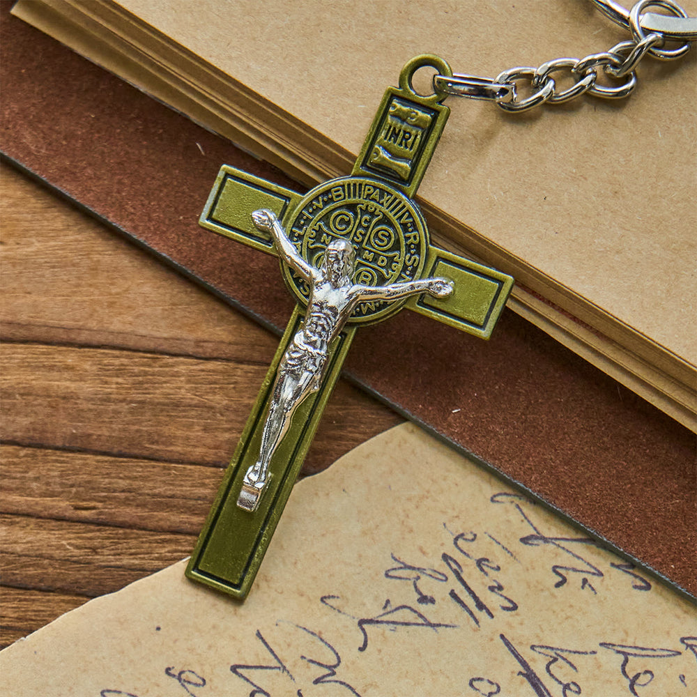 Christianartworkshop Portachiavi bicolore con crocifisso di San Benedetto e INRI: antichi simboli religiosi - Bronzo antico - image 1