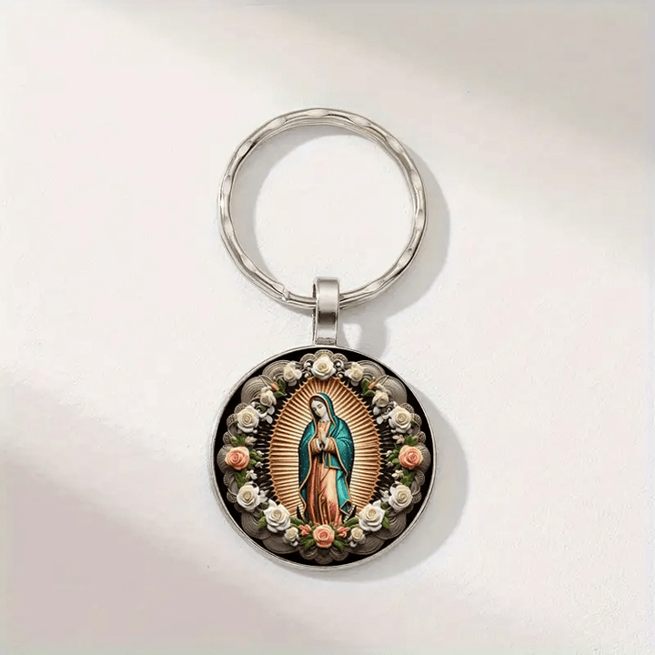 Christianartworkshop Elegante portachiavi con ciondolo della Vergine Maria: medaglia della fede e della bellezza floreale - image 3