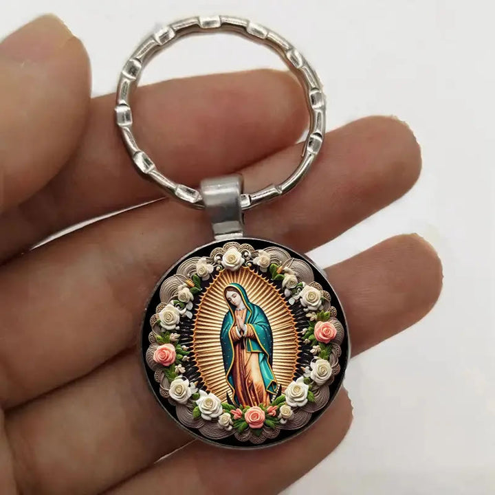 Christianartworkshop Elegante portachiavi con ciondolo della Vergine Maria: medaglia della fede e della bellezza floreale - image 4