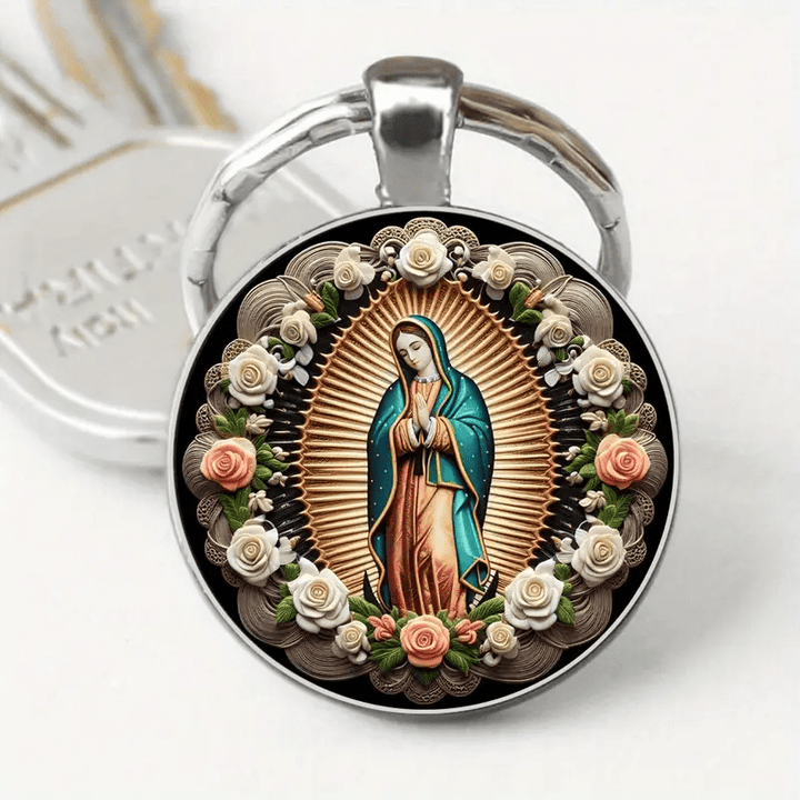 Christianartworkshop Elegante portachiavi con ciondolo della Vergine Maria: medaglia della fede e della bellezza floreale - Nostra Signora - image 0