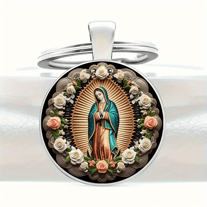 Christianartworkshop Elegante portachiavi con ciondolo della Vergine Maria: medaglia della fede e della bellezza floreale - image 2