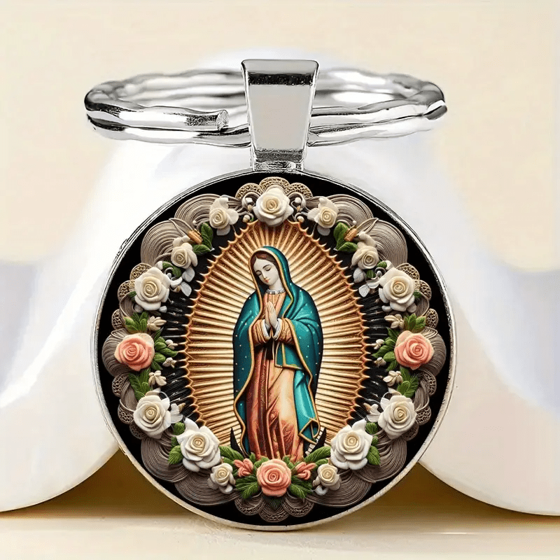 Christianartworkshop Elegante portachiavi con ciondolo della Vergine Maria: medaglia della fede e della bellezza floreale - image 1