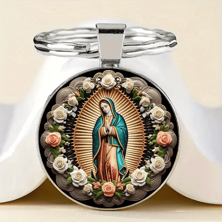Christianartworkshop Elegante portachiavi con ciondolo della Vergine Maria: medaglia della fede e della bellezza floreale - image 1
