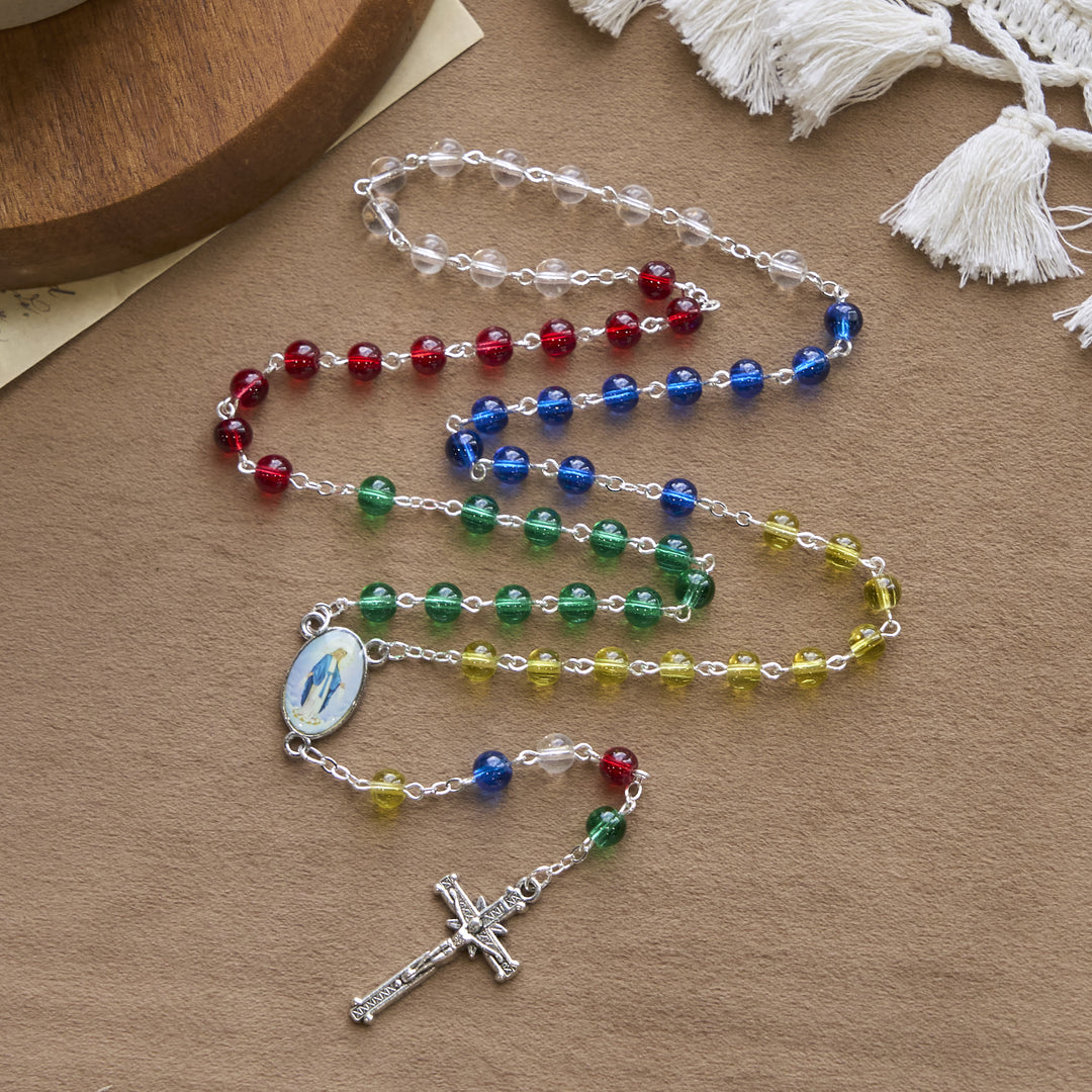 Christianartworkshop FEDE IN PREGHIERA: Rosario con perline arcobaleno multicolor trasparenti da 6 mm con carta regalo - image 2
