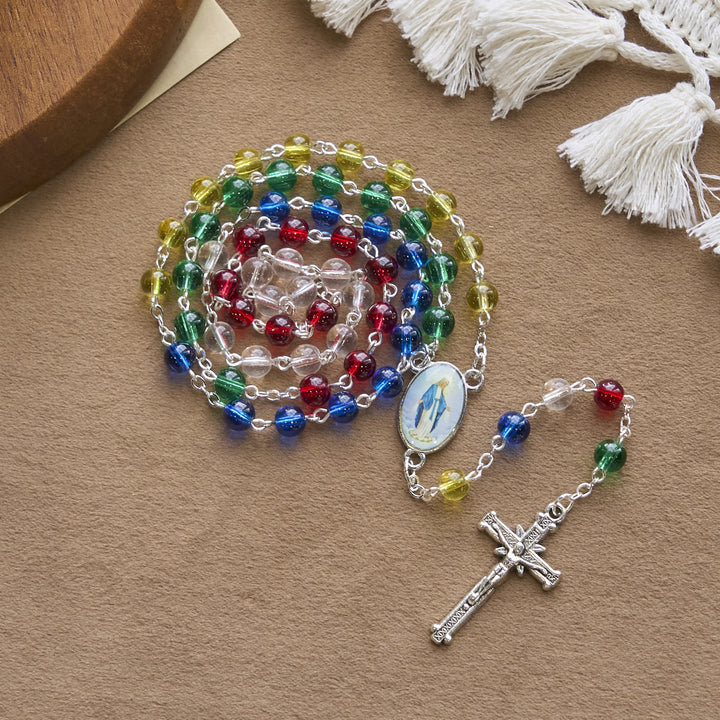 Christianartworkshop Rosario con ciondolo e crocifisso della Vergine Maria con perline arcobaleno trasparenti multicolori da 6 mm - image 1