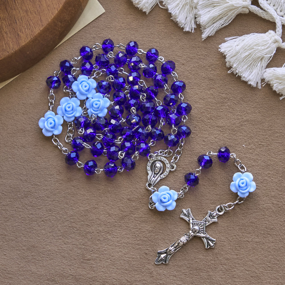 Christianartworkshop Perline floreali a forma di rosa e rosario poliedrico multicolore da 8 mm con ciondolo della Vergine Maria e crocifisso - image 1