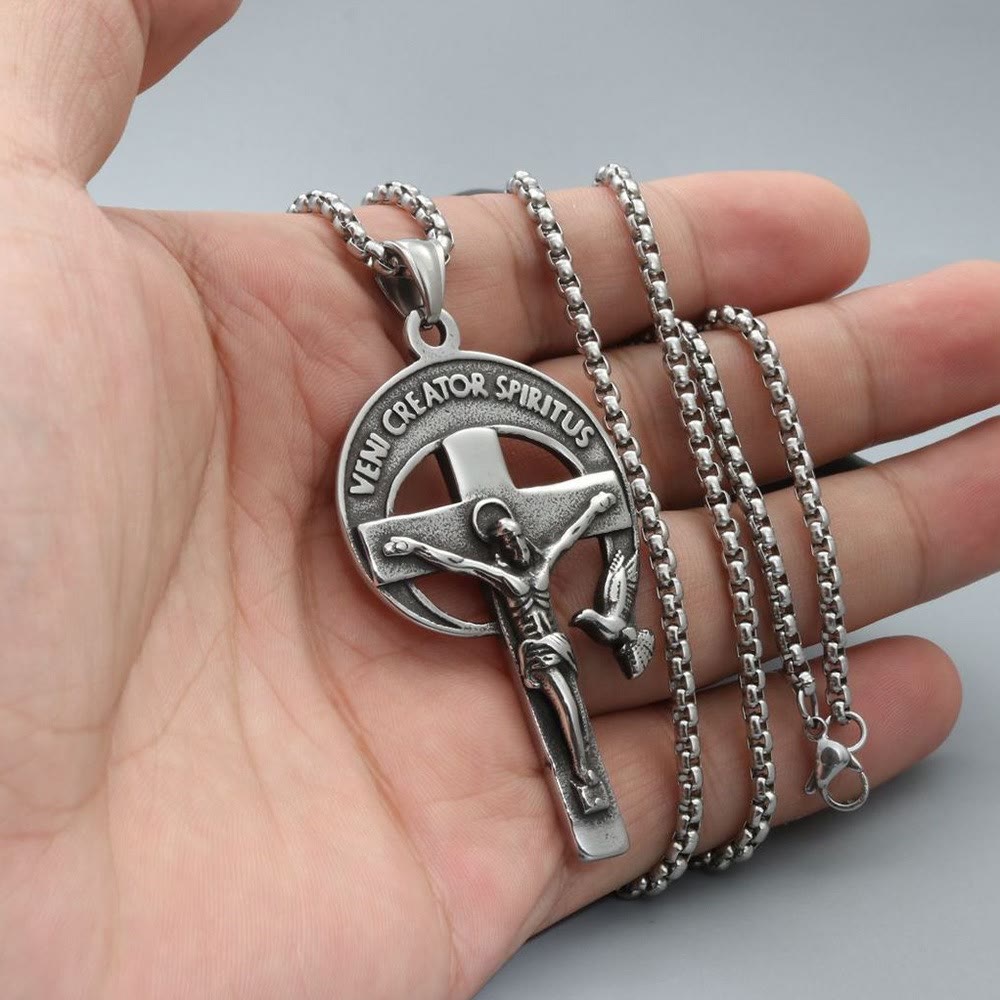 Christianartworkshop Crocifisso Sacro Antico in Stile Retrò con Colomba dello Spirito Santo e Veni Creator Spiritus - image 1