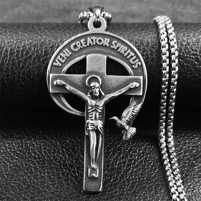 Christianartworkshop Crocifisso Sacro Antico in Stile Retrò con Colomba dello Spirito Santo e Veni Creator Spiritus - image 3