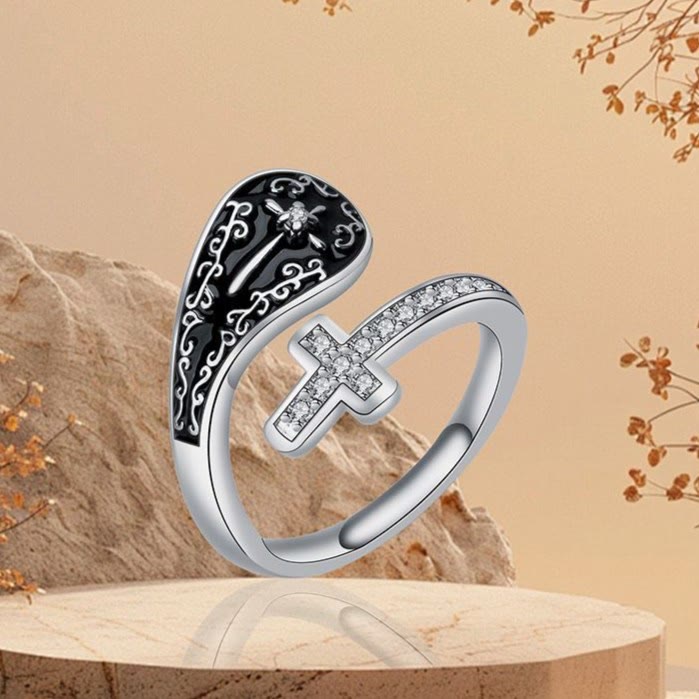 Christianartworkshop Anello classico regolabile artigianale con croce della fede, motivi barocchi e intarsio nero - Regolabile - image 0