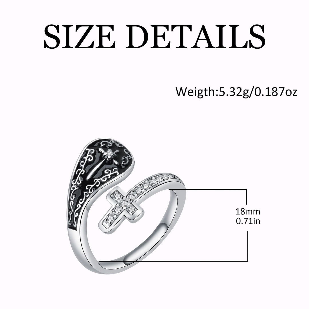 Christianartworkshop Anello classico regolabile artigianale con croce della fede, motivi barocchi e intarsio nero - image 3