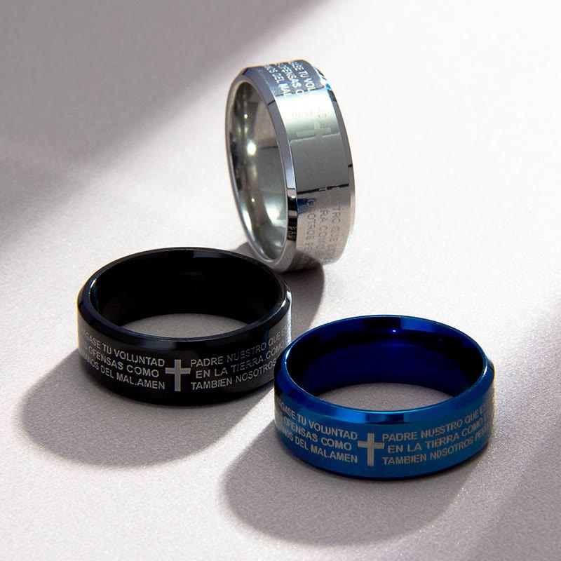 Christianartworkshop Anello minimalista tricolore con versetto sacro da 8 mm e motivo a croce: indossa la tua fede - US 6 - Blu - image 0