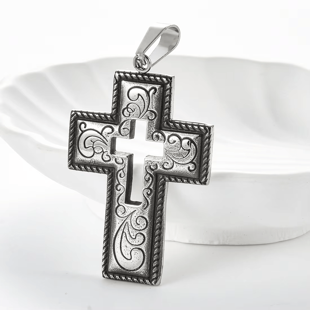 Christianartworkshop Collana antica con croce centrale cava e motivo floreale a volute  - image 2