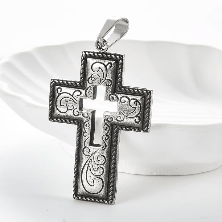 Christianartworkshop Collana antica con croce centrale cava e motivo floreale a volute  - image 2