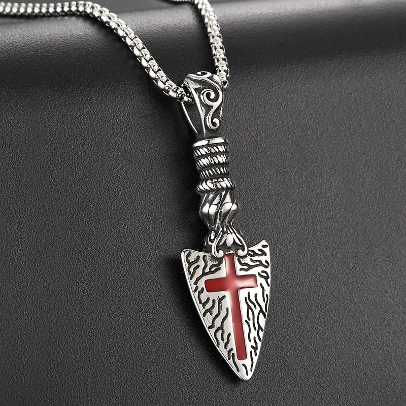 Collana con punta di lancia a croce rossa Christianartworkshop con elementi barocchi e motivo a pergamena vintage - image 1