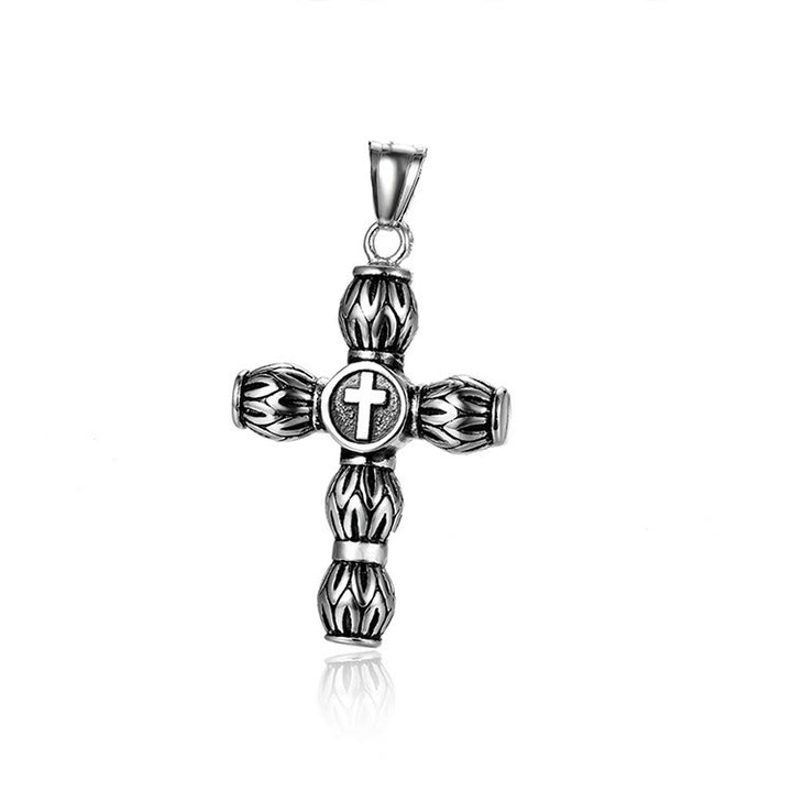 Collana con croce cilindrica spessa e motivo a fiamma Christianartworkshop con emblema centrale in rilievo - image 6