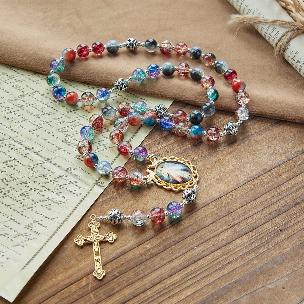 Christianartworkshop Rosario con perline di vetro multicolore sfumate e crocifisso in ottone con medaglia della Divina Misericordia - image 1