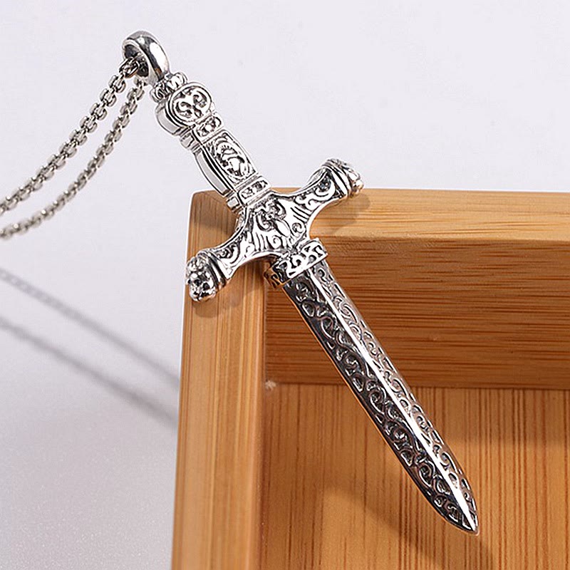 Collana sacra vintage in argento sterling con spada e croce Christianartworkshop e incisioni medievali - S925 - image 0