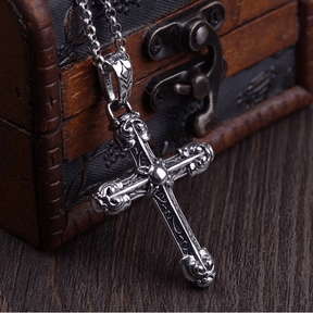 Collana con croce e spada decorata in argento sterling massiccio e spesso Christianartworkshop con volute gotiche - S925 - image 0