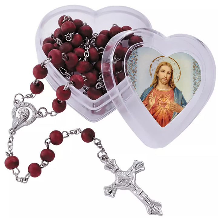 Rosario con grani rosso vino del Sacro Cuore di Gesù Christianartworkshop con scatola a forma di cuore - image 4