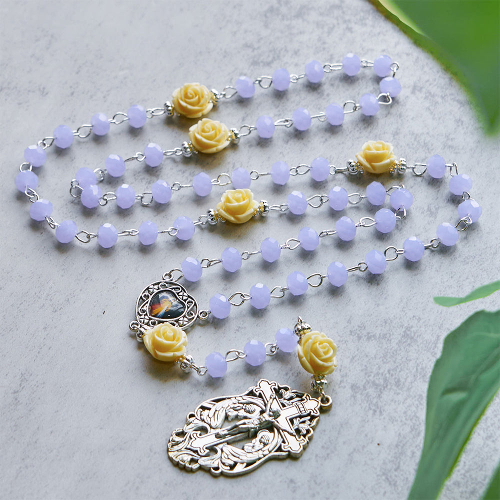 Christianartworkshop Elegante rosario con perline di rosa a forma di cuore, Divina Misericordia e crocifisso con angeli adoranti - image 1