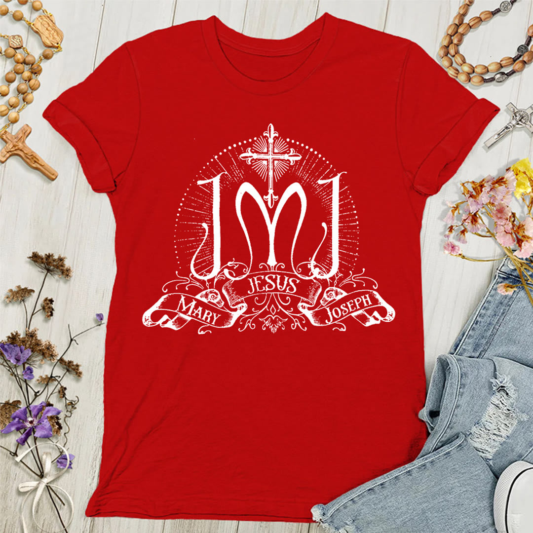 Maglietta da donna con immagine di Gesù, Maria e Giuseppe della Sacra Famiglia, Christianartworkshop. - Rosso - 4XL - image 3