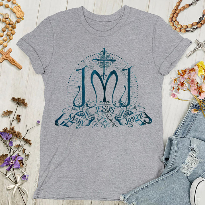 Maglietta da donna con immagine di Gesù, Maria e Giuseppe della Sacra Famiglia, Christianartworkshop. - Grigio - 4XL - image 4
