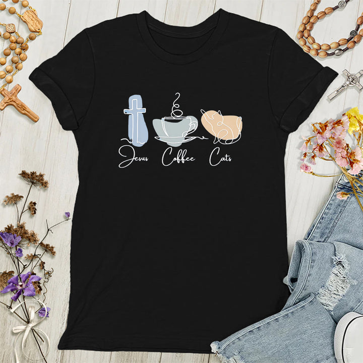 Christianartworkshop Maglietta cristiana morbida da donna con scritta Jesus Coffee Cats - Nero - 4XL - image 6