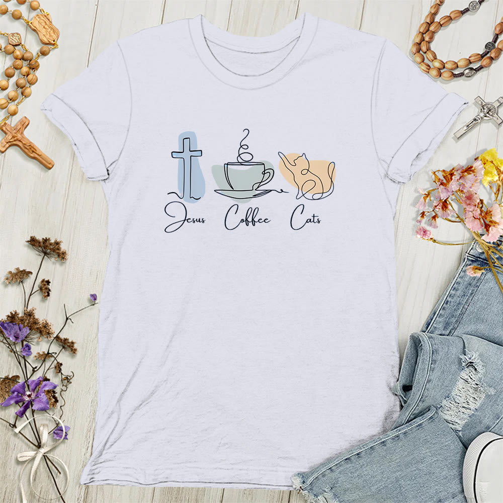 Christianartworkshop Maglietta cristiana morbida da donna con scritta Jesus Coffee Cats - Bianco - 4XL - image 0