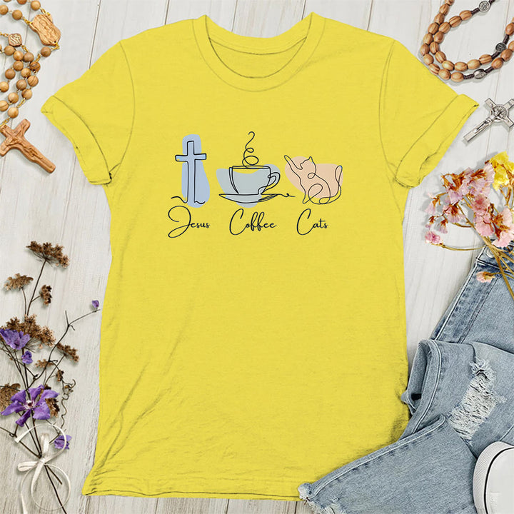 Christianartworkshop Maglietta cristiana morbida da donna con scritta Jesus Coffee Cats - Giallo - 4XL - image 2