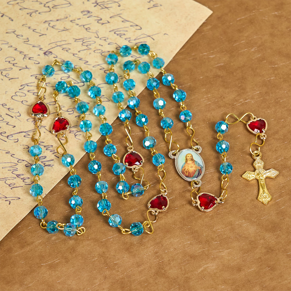 Christianartworkshop Sacro Cuore di Gesù e Crocifisso di 6 mm Poliedro Rosario in lega di vetro blu - image 1