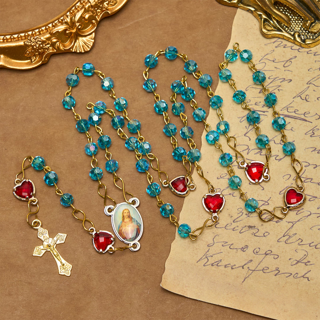 Christianartworkshop Sacro Cuore di Gesù e Crocifisso di 6 mm Poliedro Rosario in lega di vetro blu - Sacro Cuore di Gesù e Crocifisso - image 0