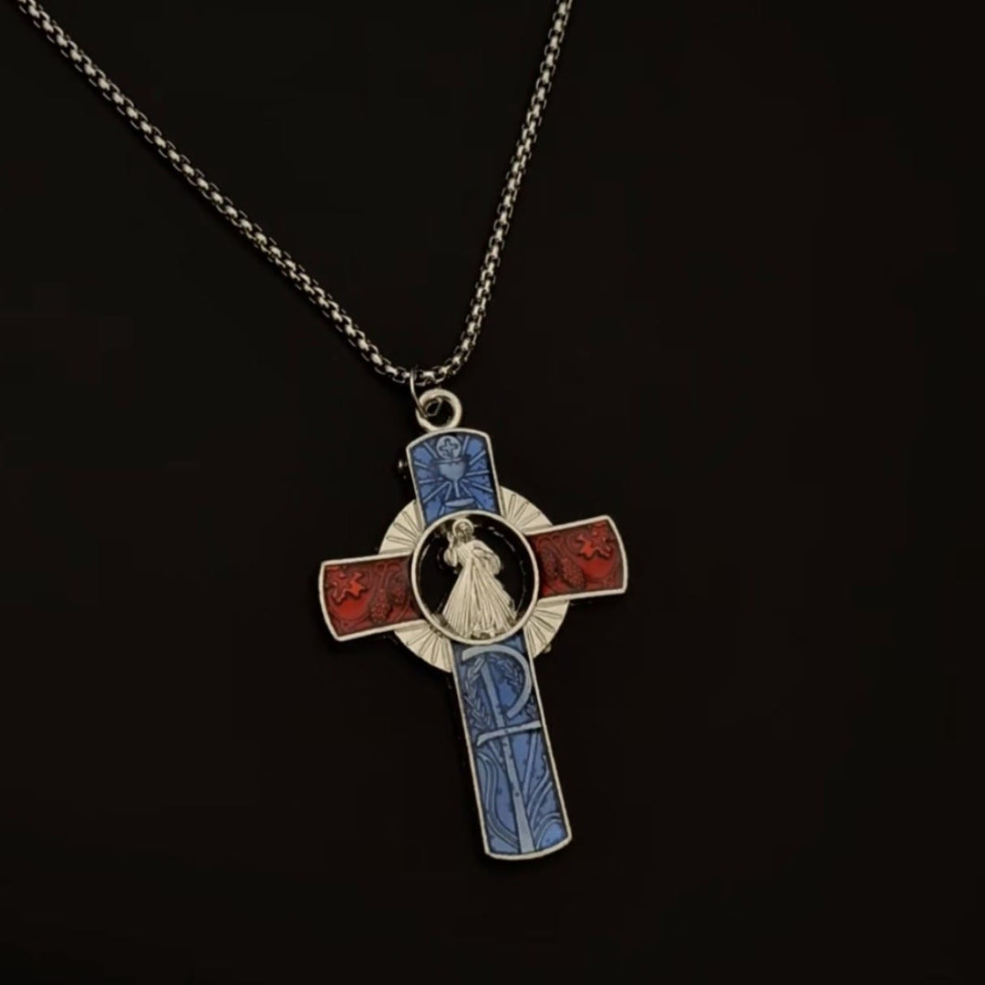Christianartworkshop Collana con ritratto classico della Divina Misericordia in vivido rosso e croce blu - image 1