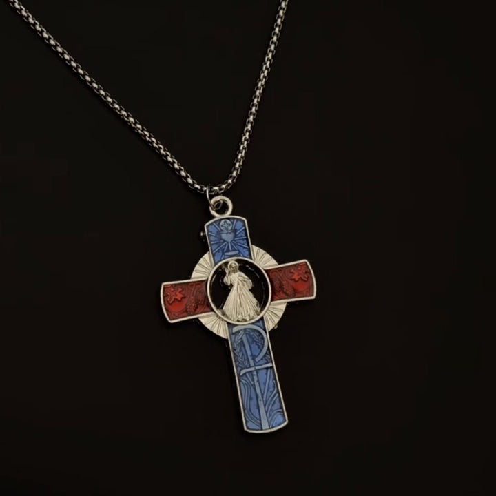 Christianartworkshop Collana con ritratto classico della Divina Misericordia in vivido rosso e croce blu - image 1