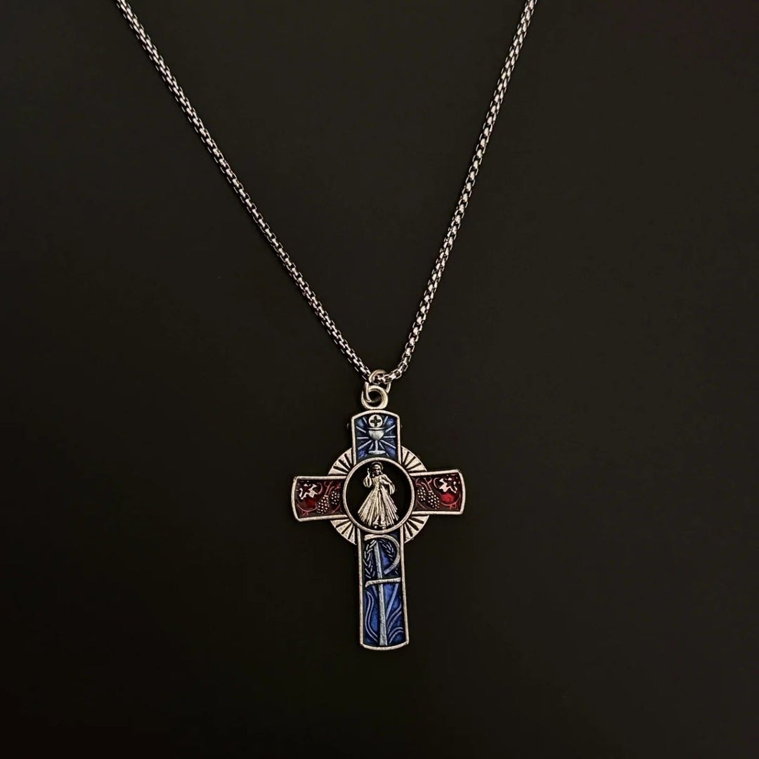 Christianartworkshop Collana con ritratto classico della Divina Misericordia in vivido rosso e croce blu - image 2