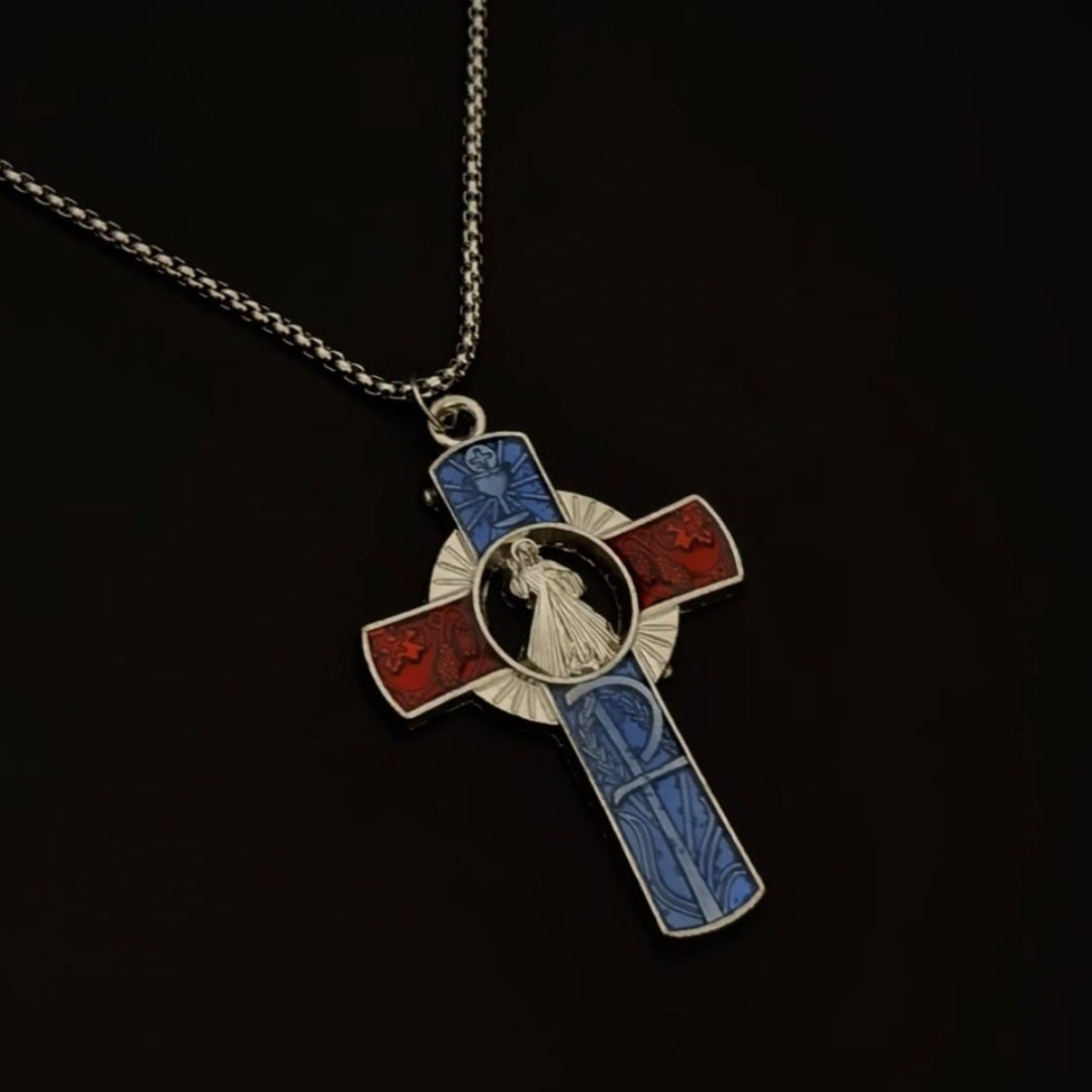 Christianartworkshop Collana con ritratto classico della Divina Misericordia in vivido rosso e croce blu - Divina Misericordia - image 0