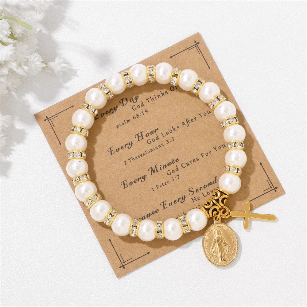 Christianartworkshop FEDE IN PREGHIERA: Elegante braccialetto bianco con medaglia miracolosa e biglietto con versetto della Bibbia - Bracciale elastico (circonferenza del polso: 16-19 cm) - image 4