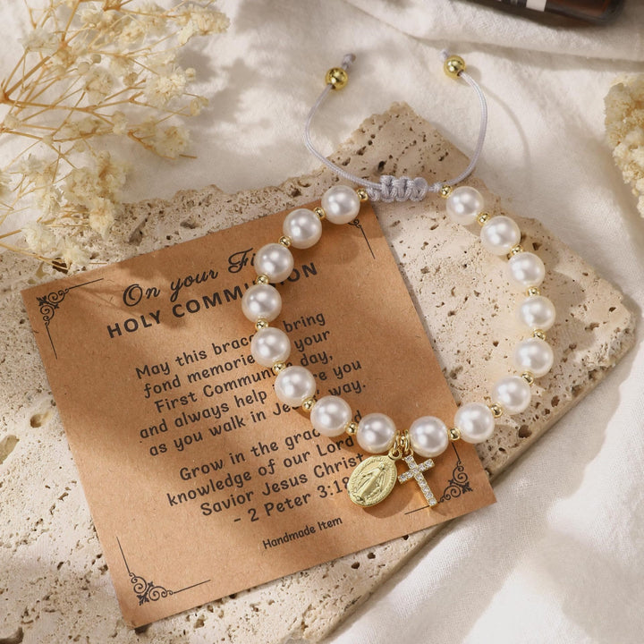 Christianartworkshop FEDE IN PREGHIERA: Elegante braccialetto bianco con medaglia miracolosa e biglietto con versetto della Bibbia - Bracciale intrecciato (circonferenza del polso: 16-19 cm) - image 0